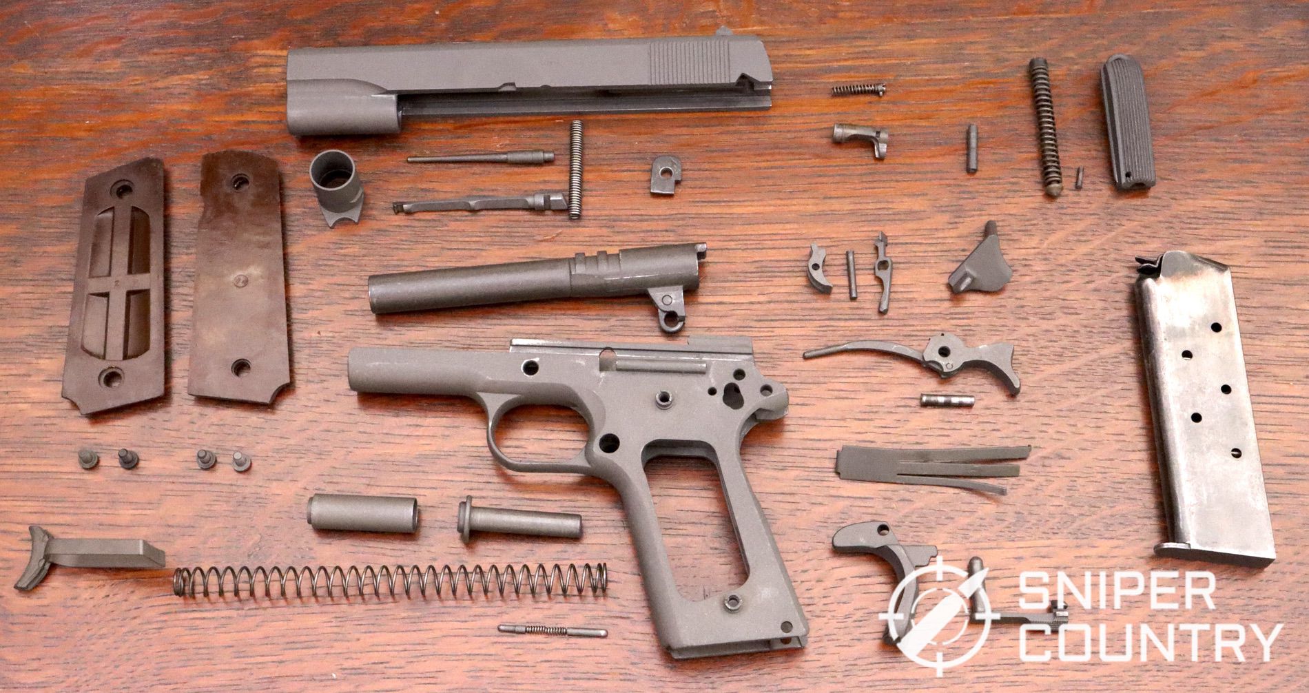 The detail stripped CMP M1911A1. There was no evidence of damaged or significantly worn parts. Other than a refresh of the springs with a kit from Wolff Gun Springs, the gun remains true to its arsenal rework from 1986.